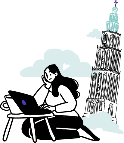 Tekening van een website bouwer en de Martinitoren in Groningen